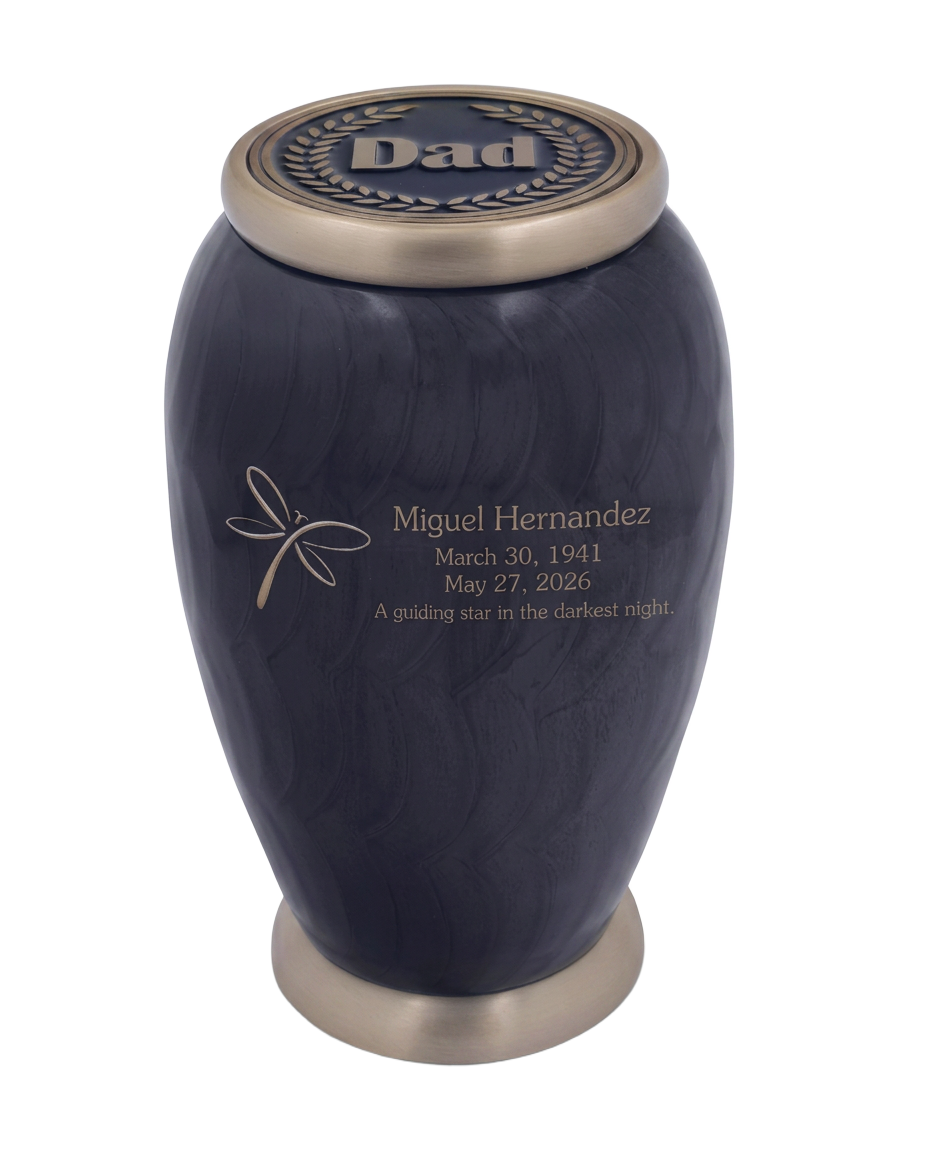 Blue marble memorial urn with a bronze medallion lid and engraved name, dates, and inscription