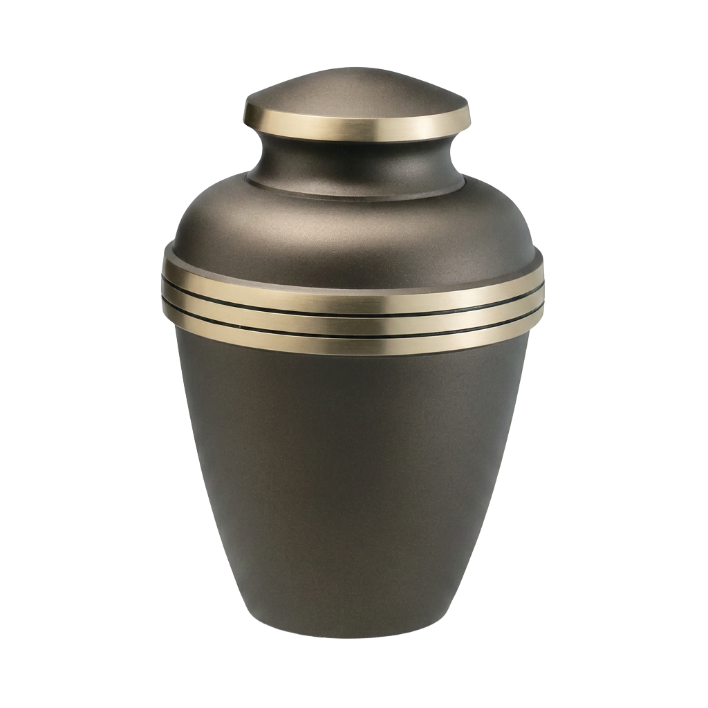 Brushed pewter memorial urn with polished brass banding and a domed lid