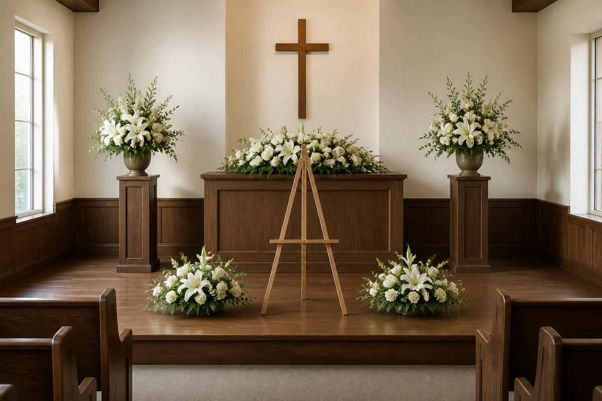The front of the Valley Memorial chapel with white floral arrangements and a stand for a photograph
