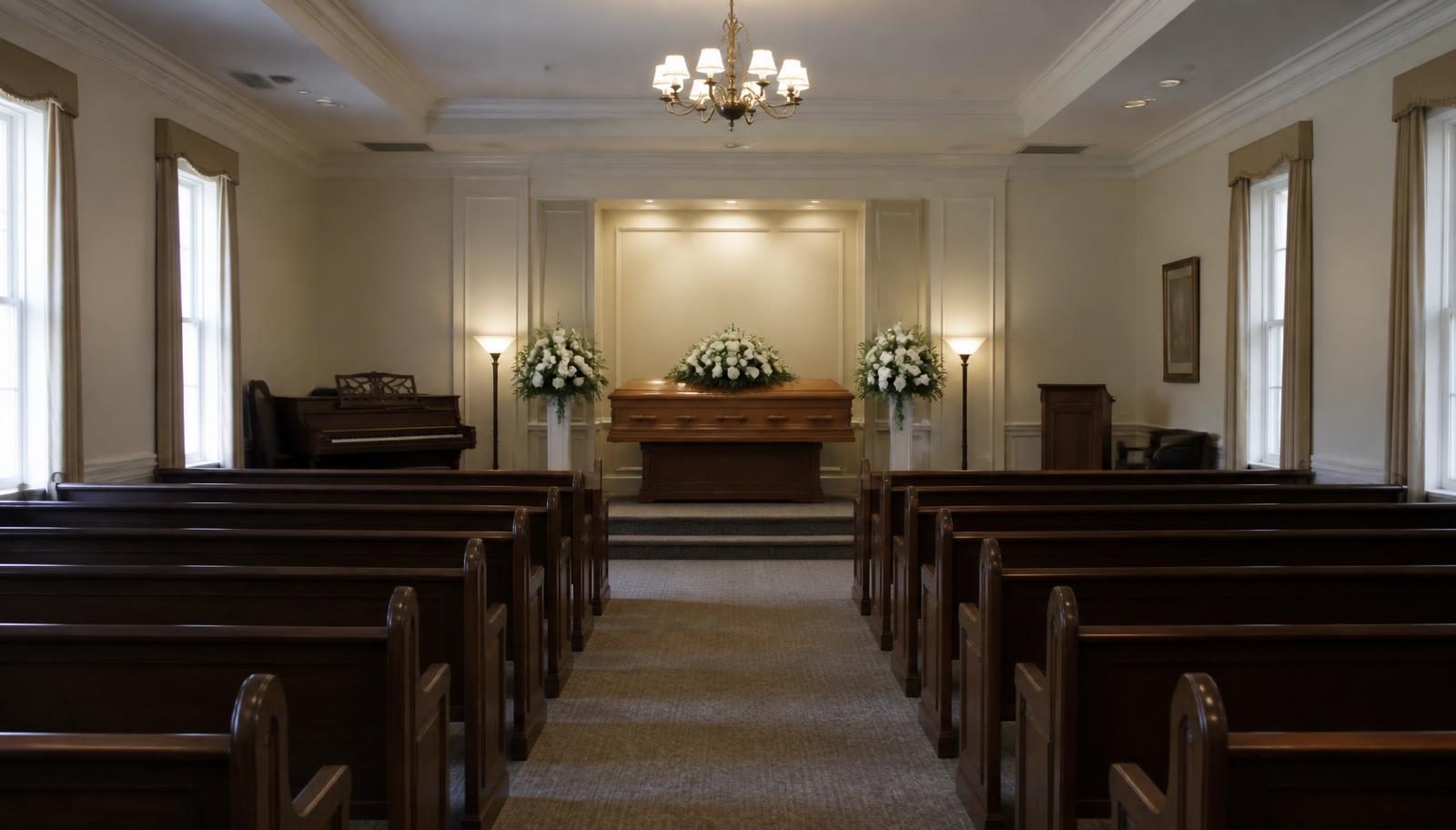 Interior of the Valley Memorial chapel: wooden pews in soft daylight with white floral arrangements at the front